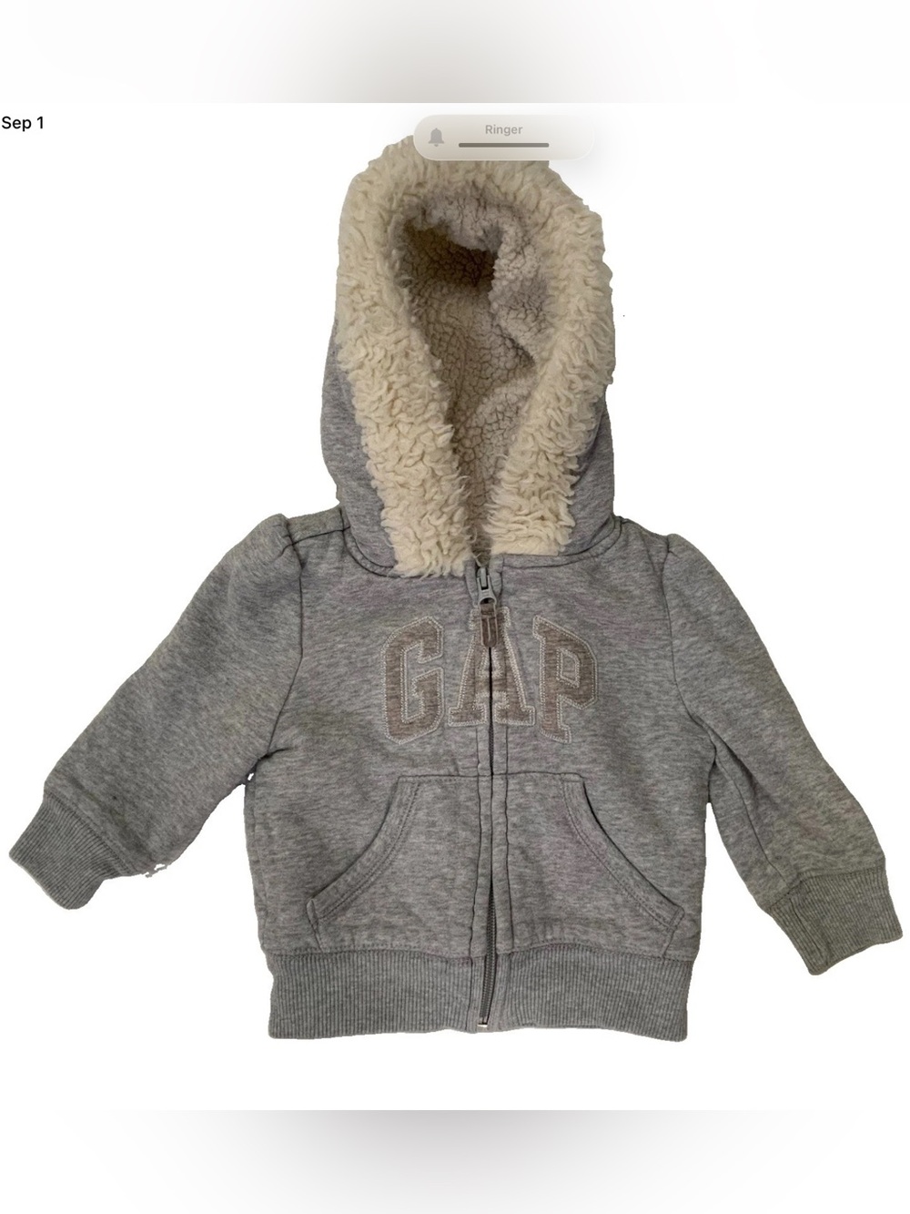 BABY GAP Gray Faux Fur Sherpa Lined Logo Hoodie Toddler Full Zip Winter 18-24 MO